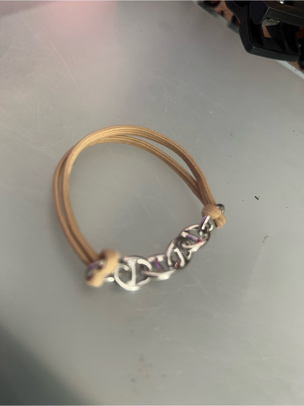 Tan Cord Bracelet with Silver Chain Accent - Women Jewelry